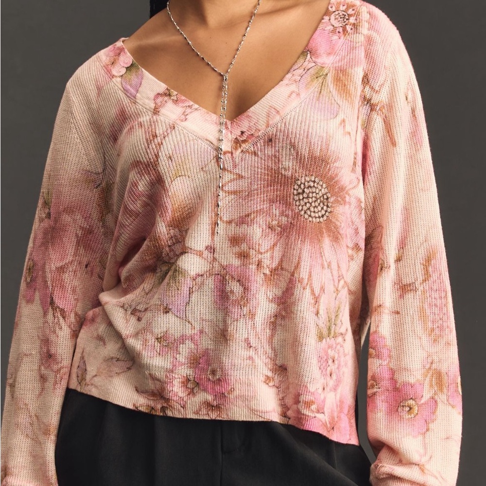 Anthropologie Waffle Floral V Neck